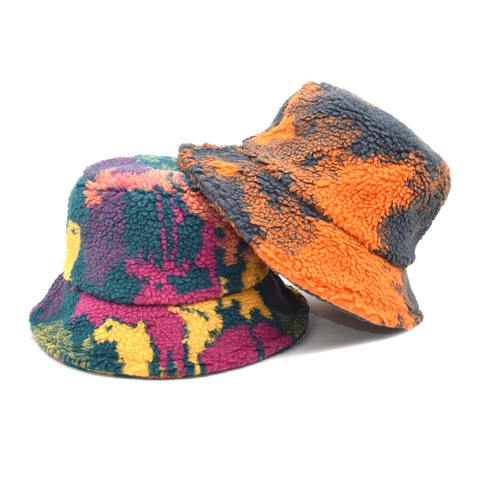 Cappello Alla Pescatora Tie Dye Colorato Poliestere Lana Di Agnello Caldo Inverno All'aperto Moda Peluche Per Donne
