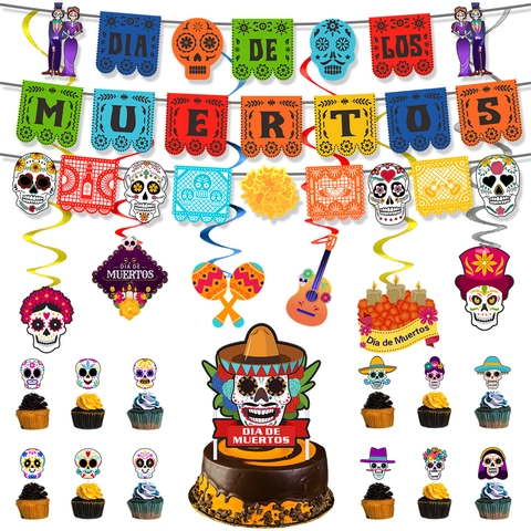 Dag Van De Doden Feestdecoratiepakket Dia De Los Muertos Banner Suikerschedel Taarttopper Latex Aluminiumfolie Ballon Voor Mexicaans Feest