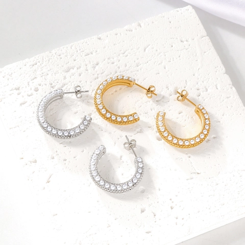 Pendientes de Botón de Acero Inoxidable con Perla Artificial Oro Plata Joyería de Moda Forma C para Mujer