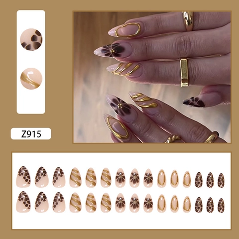 Unghie Finte Mandorla Fiori 3D Motivo Leopardo Onde Dorate Plastica ABS Manicure Lucida Per Donne