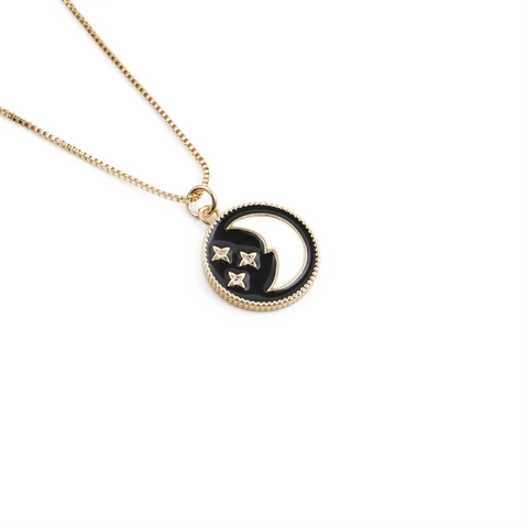 Collana Con Ciondolo Rotondo Mezzaluna E Stelle Rame Smalto Nero Celeste Placcato Oro Catena Scatola Gioielli Zircone