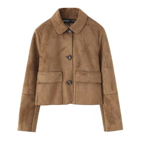 Women Short Faux Suede Jacket Lapel Single Breasted Solid Color Casual Outerwear Long Sleeve Coat With Flap Pockets