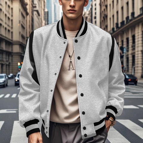 Men Varsity Jacket Patchwork Snap Button Long Sleeve Casual Sporty Outerwear Fashion Coat Polyester Spandex