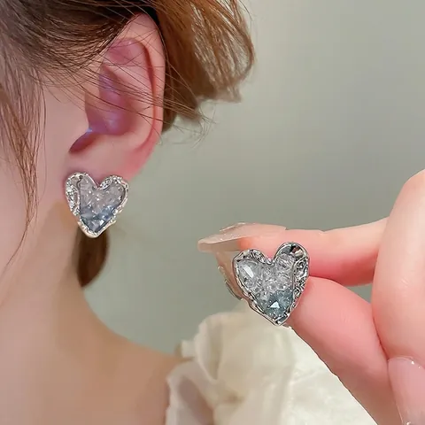 Heart Stud Earrings Alloy Artificial Crystal With Silver Earring Post Hammered Border Ice Crack Pink Blue Fashion Women