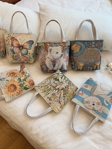 Sac À Main Fourre-tout En Toile Jacquard Ethnique Rétro Pour Femmes Broderie Papillon Tournesol Petit Sac En Tissu Avec Fermeture Éclair