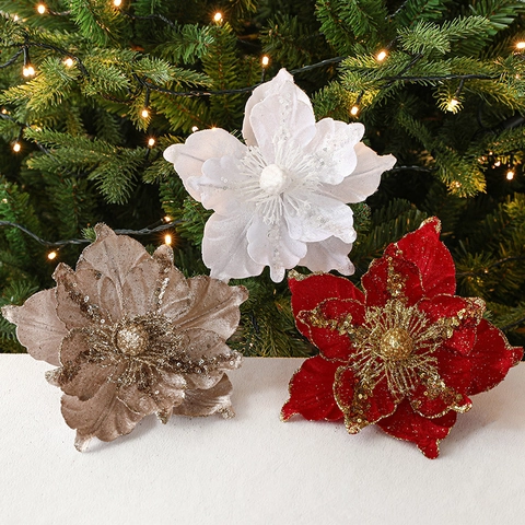 Artificial Christmas Flowers Poinsettia Stems Glitter Sequins Fabric For Christmas Tree Decorations Holiday Party Decor