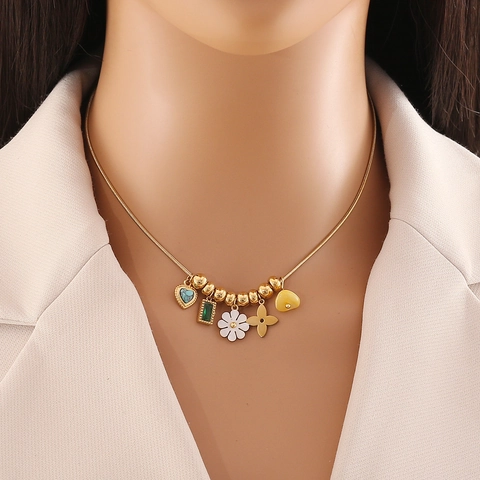 Roestvrijstalen Slangenketting Ketting Met Meerdere Hangers Bloem Bij Kunstparel En Hart Mode Sieraden Voor Dames