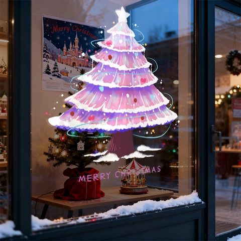 Christmas Tree Window Cling Static PVC Sticker Pink Purple Hand Drawn Style For Shop Glass Door Holiday Decoration