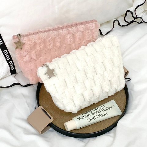 Plush Cosmetic Bag Checkerboard Soft Toiletry Organizer With Star Zipper Charm For Travel Daily Use Women