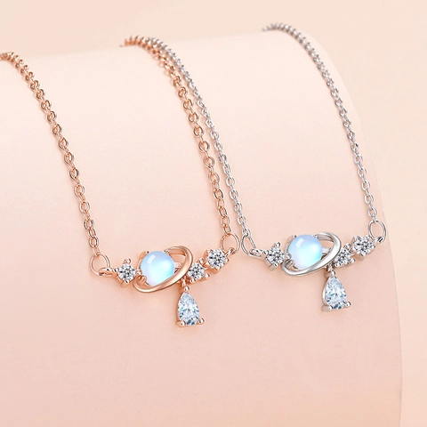 Korean Style Planet Zirconia Waterdrop Pendant Necklace For Women Copper Electroplated Fashion Literary Clavicle Chain Jewelry