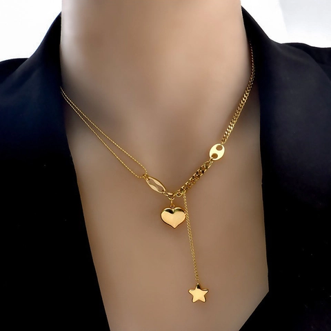 Collier Pendentif Cœur En Acier Inoxydable Plaqué Or Chaîne Double Asymétrique Charme Étoile Bijoux Minimalistes Femmes