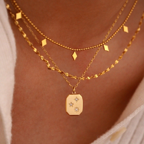Collana a Strati in Acciaio al Titanio Oro per Donna Pendente Geometrico Croce Stella in Strass Alta Qualità Gioielli