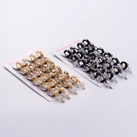 Stainless Steel Cross Hoop Earrings With White Rhinestone Punk Hip Hop Fashion Jewelry For Men Women
