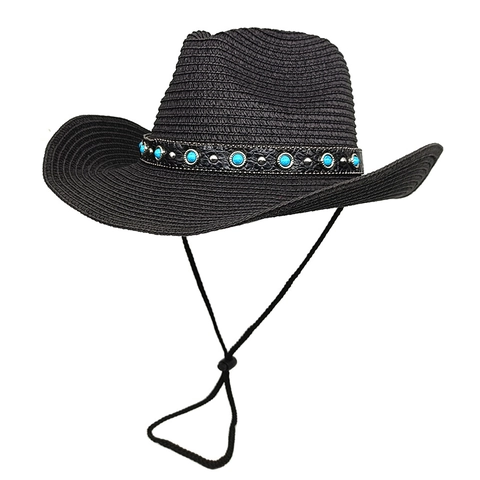 Western Cowboy Straw Hat Turquoise Faux Leather Band Studded Wide Brim Sun Protection Summer Beach Adjustable Wind String