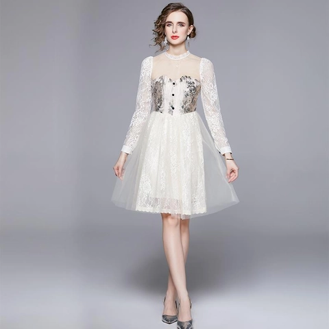 Damen Französisches Vintage Court Style Spitze Mesh Midi Kleid Langarm Blumen Stickerei Aprikose Rüschen Elegant