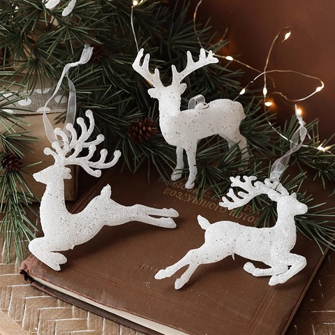 Ornamenti Appesi Renna Di Natale Glitter Bianco Plastica Pendenti Cervo Luccicanti Per Decorazioni Albero Di Natale