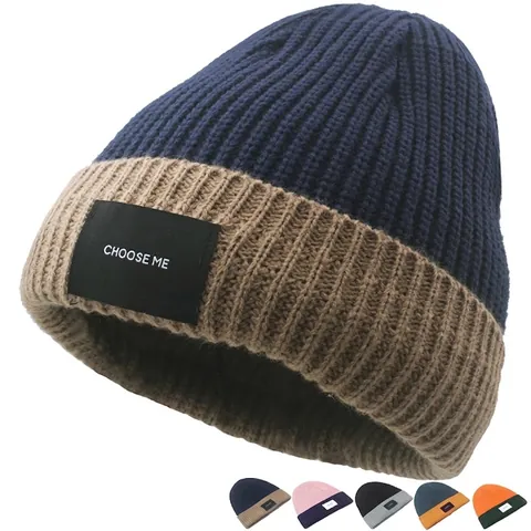 Gorro De Punto Acrílico Bloques De Color Contraste Parche Letras Acanalado Invierno Exterior Cálido Cortavientos Retro Americano