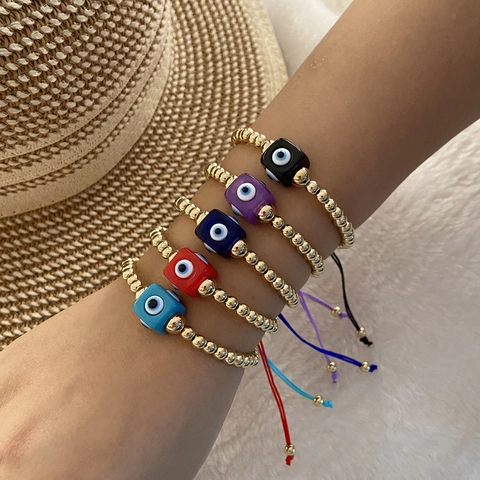 Evil Eye Πλεκτό Βραχιόλι Με Χάντρες Ρητίνης Χρυσές Χάντρες CCB Ρυθμιζόμενο Κορδόνι Χειροποίητα Μποέμ Κοσμήματα Για Γυναίκες