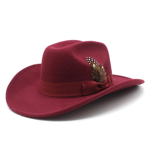 Western Cowboy Hat Woolen Felt Fedora Wide Brim With Feather Decor Retro Elegant Vintage Style For Men Women