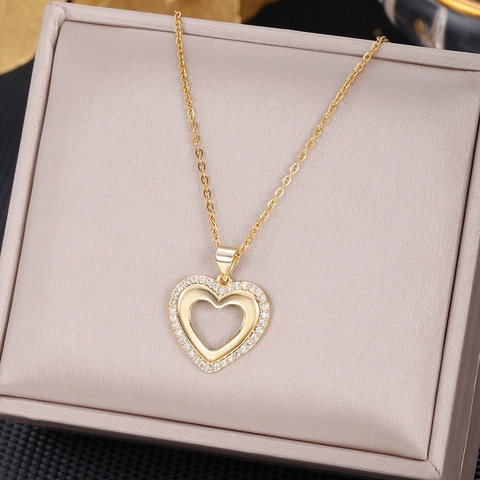 Collar Con Colgante De Corazón Oro Cobre Hueco Geométrico Doble Corazón Con Circonitas Blancas Joyas Elegantes Para Mujer