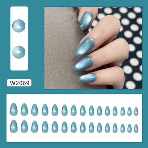 Cat Eye Press On Nails Ice Blue Almond Shape Glossy ABS Fake Nails Shimmering Manicure For Women