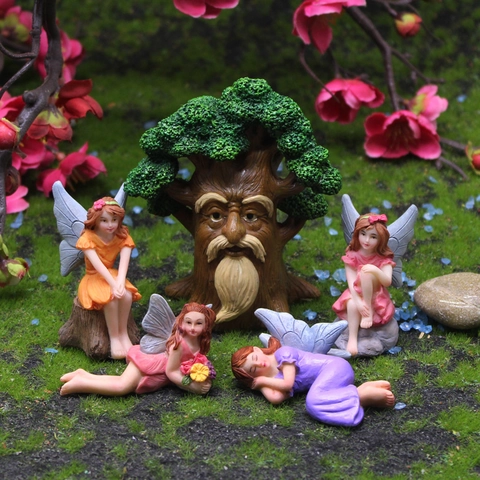 Tree Spirit Garden Gnome And Flower Fairy Statues Resin Micro Landscape Ornaments Outdoor Fairy Tale Yard Lawn Decor Multicolor
