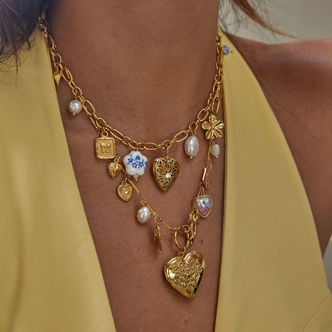 Multi Layer Necklace Stainless Steel Heart Locket Pendant Ceramic Beads Faux Artificial Pearl Retro Bohemian Jewelry For Women