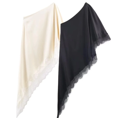Women Satin One Shoulder Top Asymmetric Sleeveless Blouse With Lace Trim Loose Fit Elegant Casual