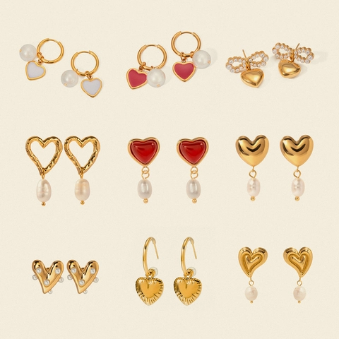 Orecchini Pendenti a Cuore in Acciaio Inossidabile con Perle Artificiali Oro Vintage Elegante Fiocco Gioielli da Donna