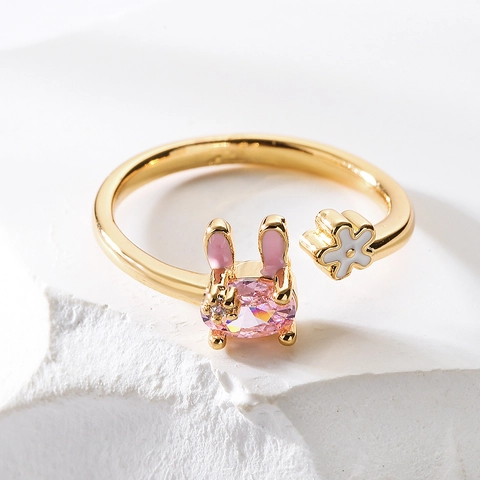 Süsse Hasenohren Offener Ring Kupfer Vergoldet Mit Zirkonia Emaille Blume Verstellbarer Modeschmuck