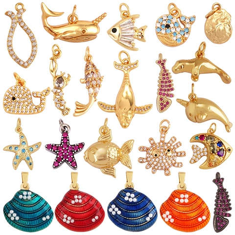 Ciondoli Pendenti Gioielli DIY Animali Marini Rame Zircone Smalto Cavalluccio Marino Coda Di Ballena Lisca Di Pesce Conca
