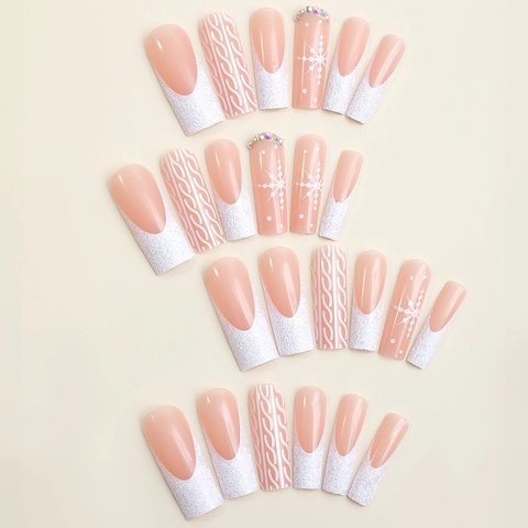 Extra Long Christmas Press On Nails White French Tip Snowflake Rhinestone 3D Sweater Texture Artificial Fake Nails