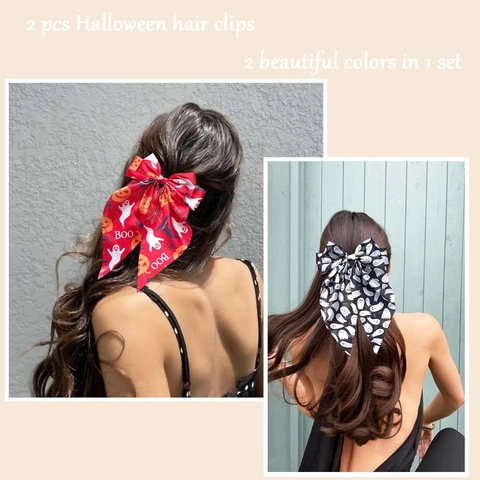 Halloween Schleife Haarklammern Satin Stoff Geist Kürbis Spinne Muster Lange Streamer Party Kopfschmuck Für Frauen Mädchen