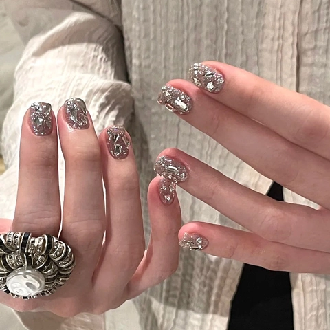 Press On Nägel Rosa Verlauf Schimmer Mit 3D Strass Französischer Stil Quadratischer Kopf Glänzende Falsche Nägel