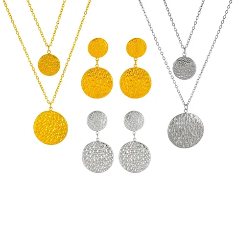 18K Gold Plated Stainless Steel Necklace And Earrings Hammered Round Disc Pendant Double Layer Style For Women