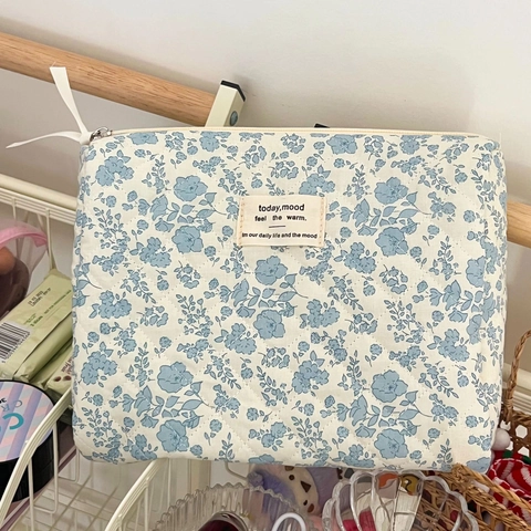 Trousse De Toilette Fleurie En Coton Matelassé Motif Bégonia Bleu Pochette De Rangement Maquillage Voyage Style Rétro