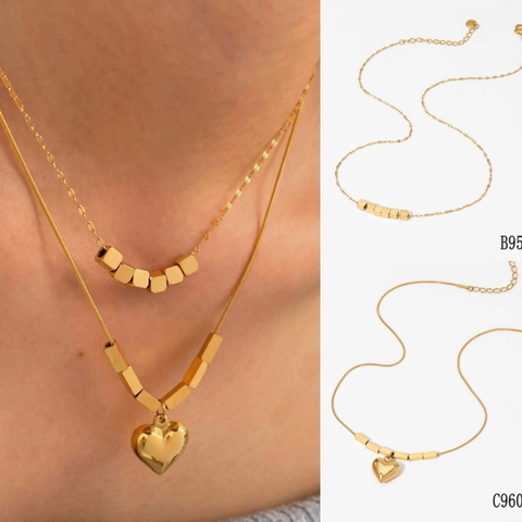 Minimalist Stainless Steel Necklace For Women Geometric Square Beads And Heart Pendant Vacuum Gold Plated Chic Jewelry