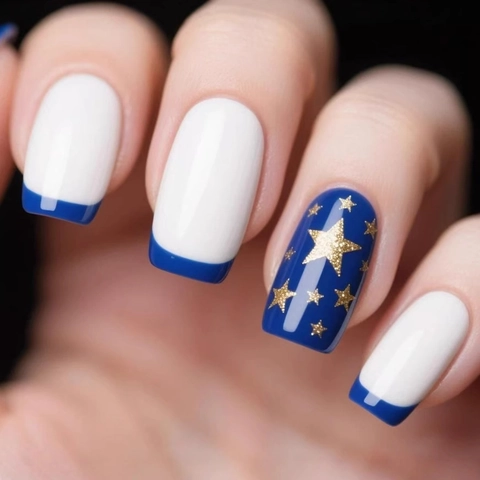 Uñas Postizas French Blue White Edge Square Uñas Artificiales Patrón Estrella Dorada Estilo Dulce Y Genial