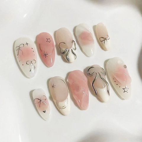 Roze Verloop Press On Nails Met 3D Strik En Sterren Franse Stijl Amandelvorm Kunstnagels Zoet Ins Ontwerp