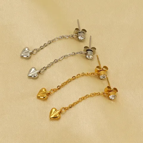 Pendientes De Gota Con Borla De Corazón De Acero Inoxidable Para Mujer Pendientes Largos De Cadena De Estrás