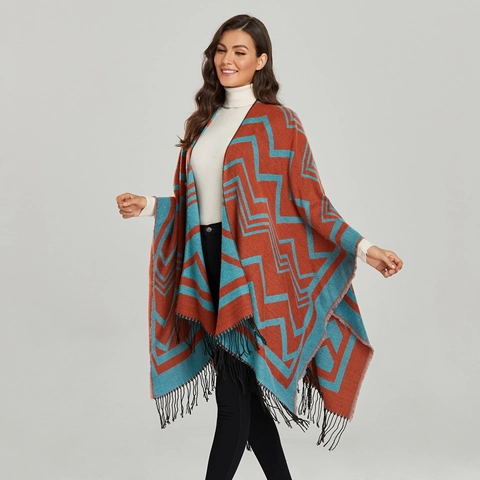 Women Retro Geometric Tassel Poncho Shawl Thick Warm Bohemian Knit Cape Wrap For Autumn Winter Ladies Outerwear