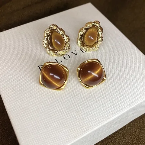Vintage Geometric Stud Earrings Brown Cat Eye Resin And 925 Sterling Silver Earring Post Alloy Gold Plated For Women