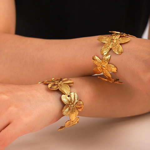 18K Gold Plated Stainless Steel Open Cuff Bracelet For Women Boho Cutout Flower Leaf Bowknot Non Tarnish Jewelry