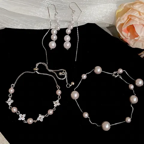 Künstliche Perlenarmband Und Quastenohrringe Mit 925 Silberstecker Elegantes Blumendesign Modeaccessoire Für Damen Hochwertiger Schmuck