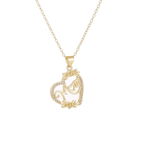Heart Pendant Necklace Copper Micro Pave Zircon MOM Letter Gold Plated Jewelry Gift For Mom Women
