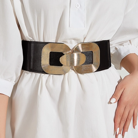 Damen Breite Korsettgürtel Elastische Taille Goldene Metallschnalle Legierung PU Leder Für Kleid Mantel Schicker Stil
