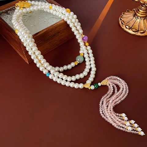 Collar Largo De Capas Con Colgante De Flor Dorada Y Borla Rosa Estilo Chino Perlas Artificiales Cuentas De Vidrio Joyería Para Mujer