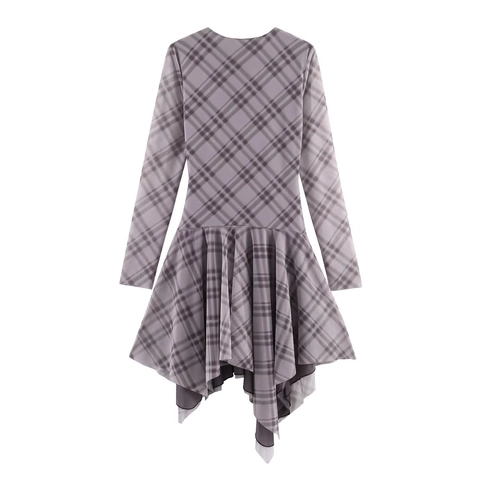 Kariertes Mesh Langarm Kleid Gerafft Asymmetrisch Rundhals Bodycon Minikleid Damen Sexy Mode