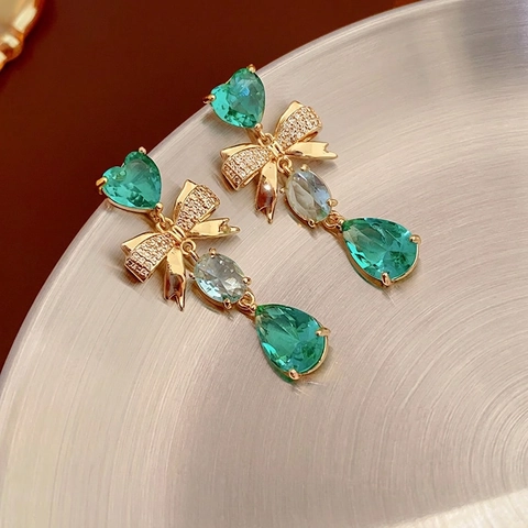 Pendientes Largos Elegantes Franceses De Corazón Verde Y Gota De Agua Con Lazo Circonita Cobre Chapado En Oro Pin De Plata Para Mujer