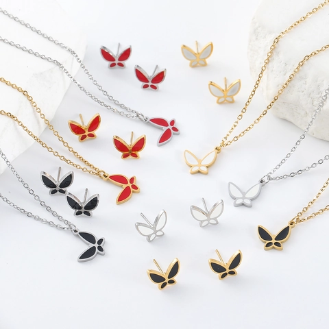 Exquisite Butterfly Stainless Steel Jewelry Set For Women Enamel Butterfly Pendant Necklace And Stud Earrings Fashion Gift